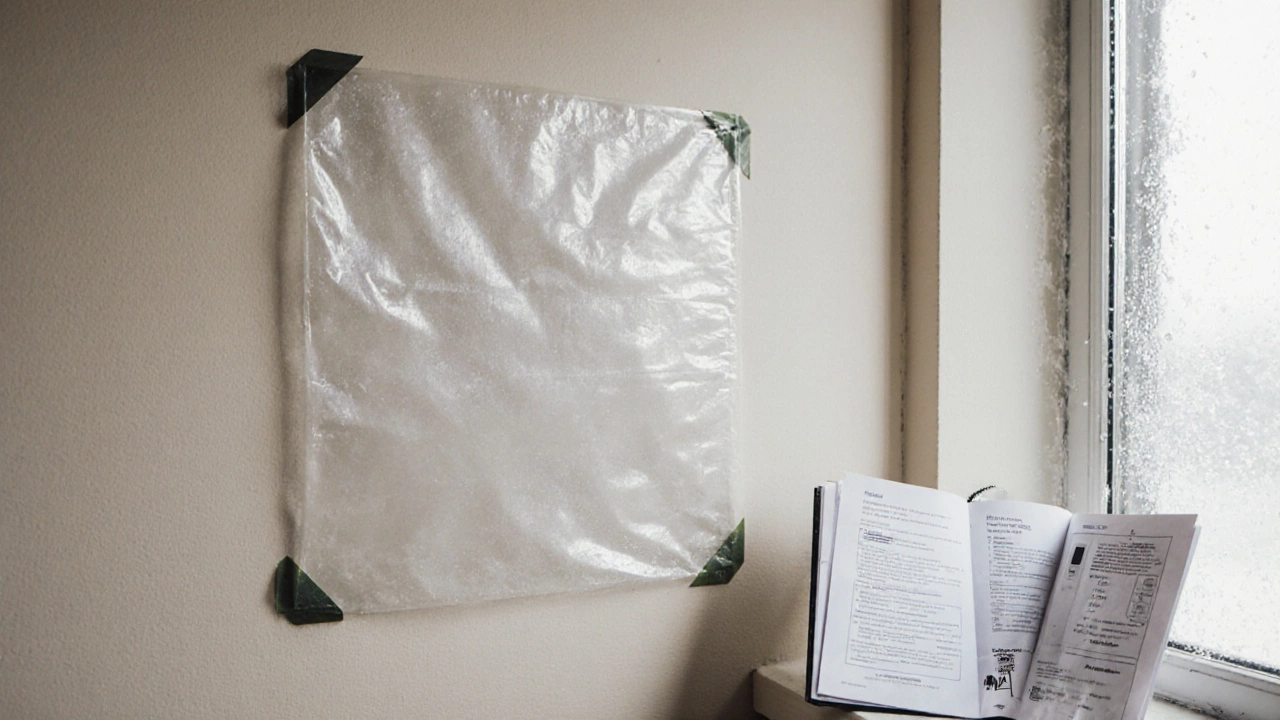 A plastic sheet taped to a wall with condensation underneath, showing moisture testing for drying plaster.