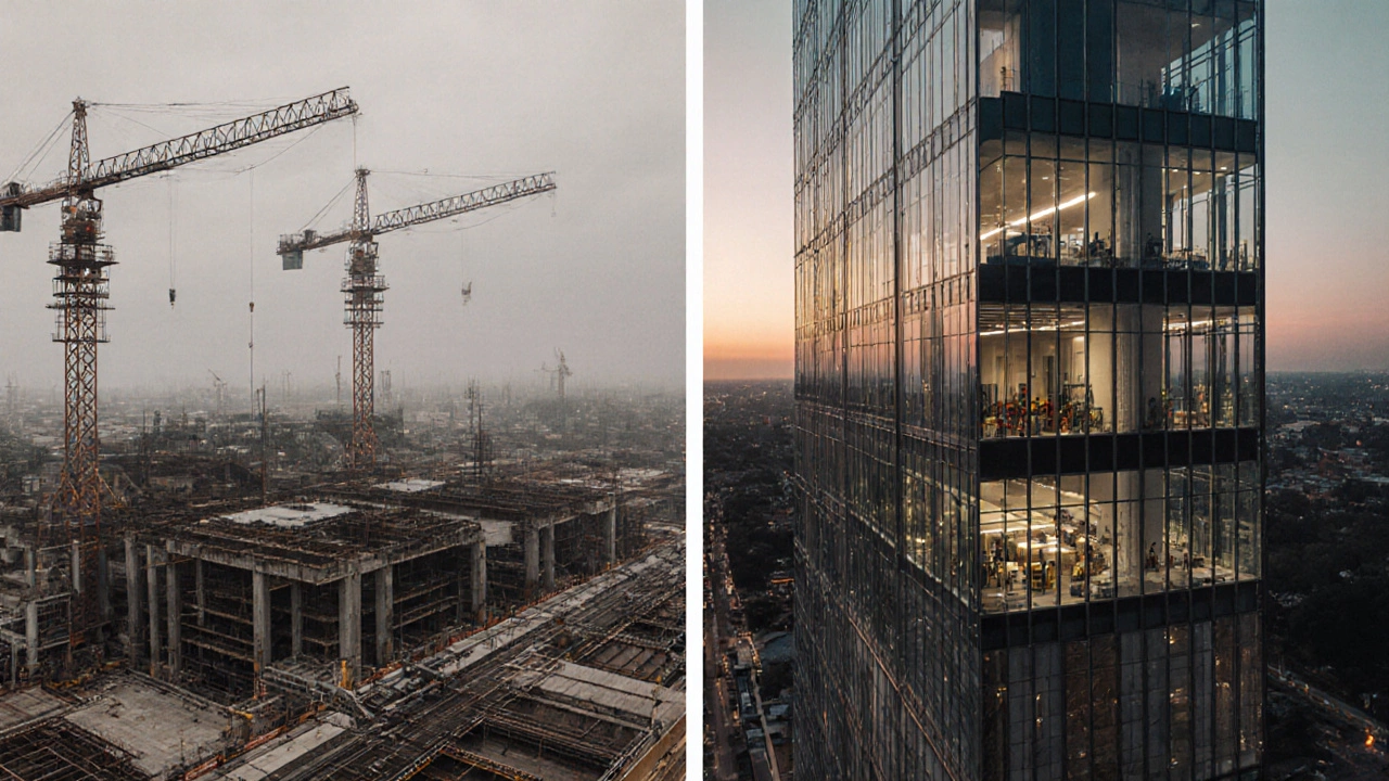 Aerial view of an industrial construction site with cranes next to a commercial glass‑facade project.