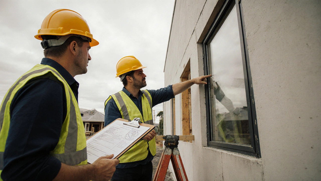Architect inspecting window installation on a construction site