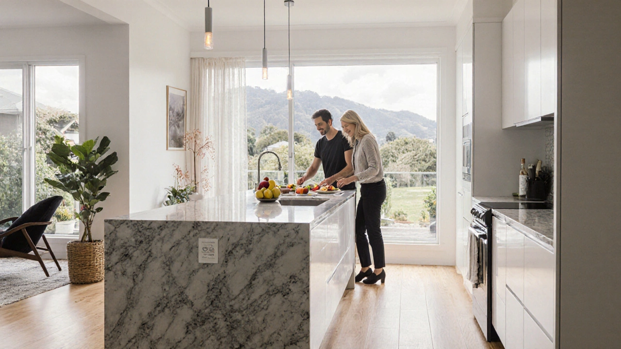 Bright modern NZ kitchen with quartz island, high‑gloss cabinets, and energy‑rated appliances.