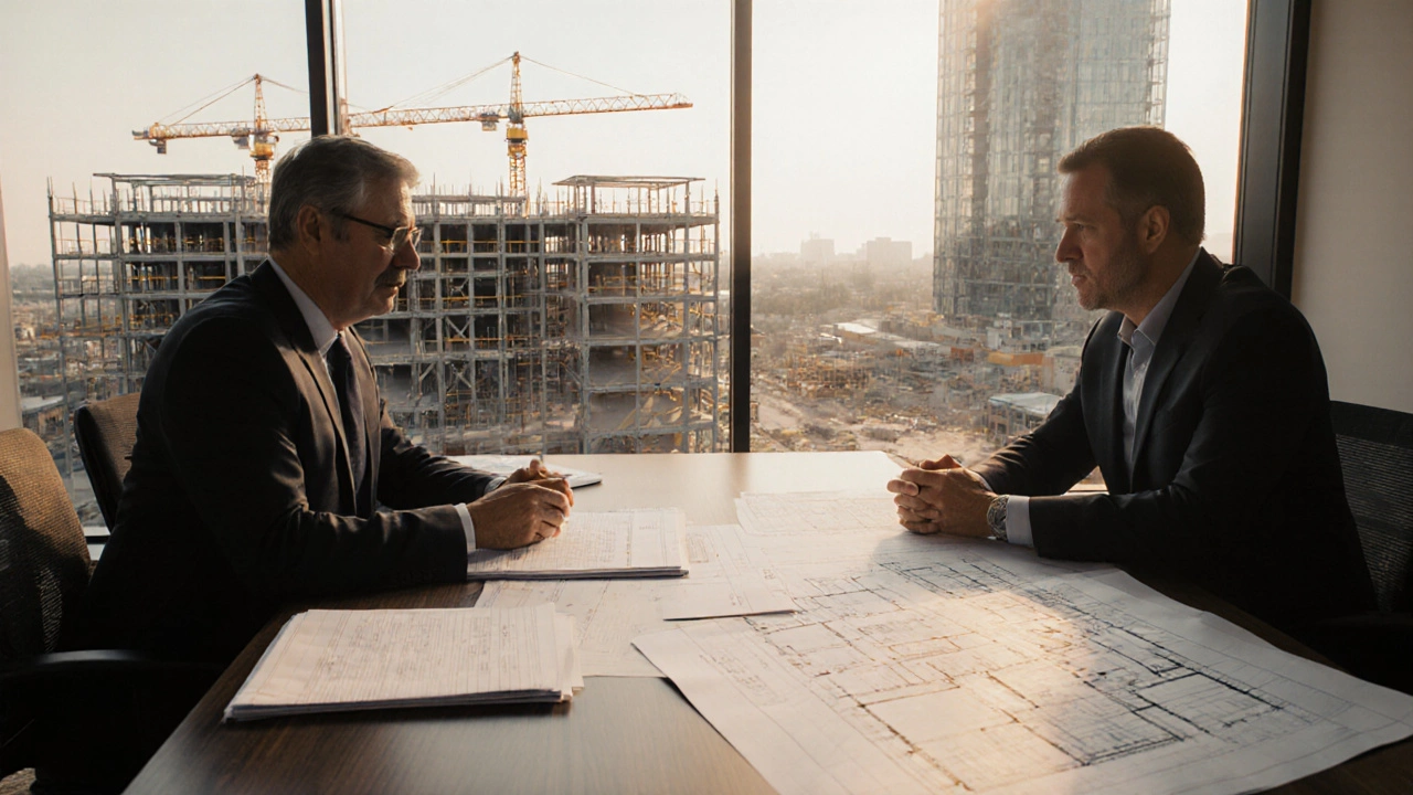 Client and contractor reviewing mixed industrial and commercial project plans with a hybrid site outside.