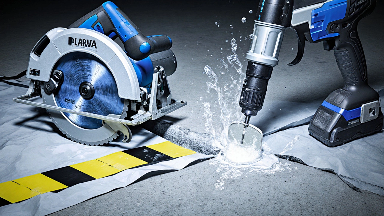 Close‑up of tools cutting a V‑groove and injecting epoxy into a concrete crack.
