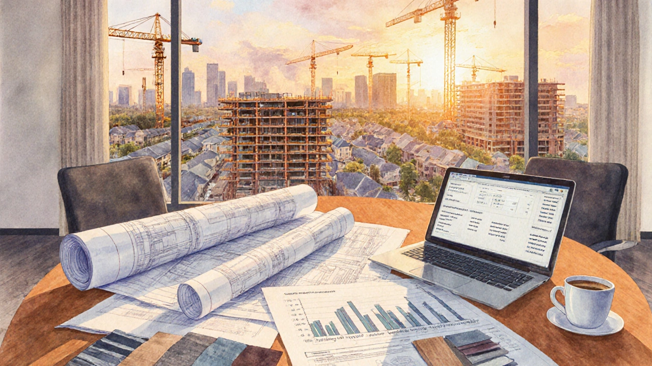 Construction planning table with blueprints, material samples, and a city view outside.