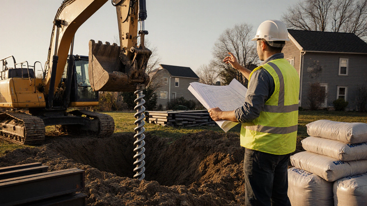 Construction site showing excavator and drilling rig installing helical piers, engineer reviewing plans.