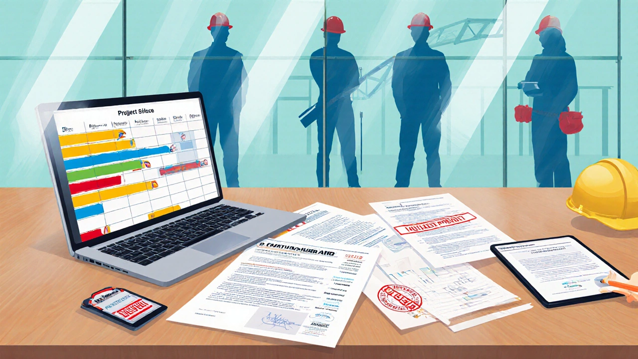 Contractor&#039;s desk with contracts, license, insurance, and digital schedule beside subcontractor silhouettes.