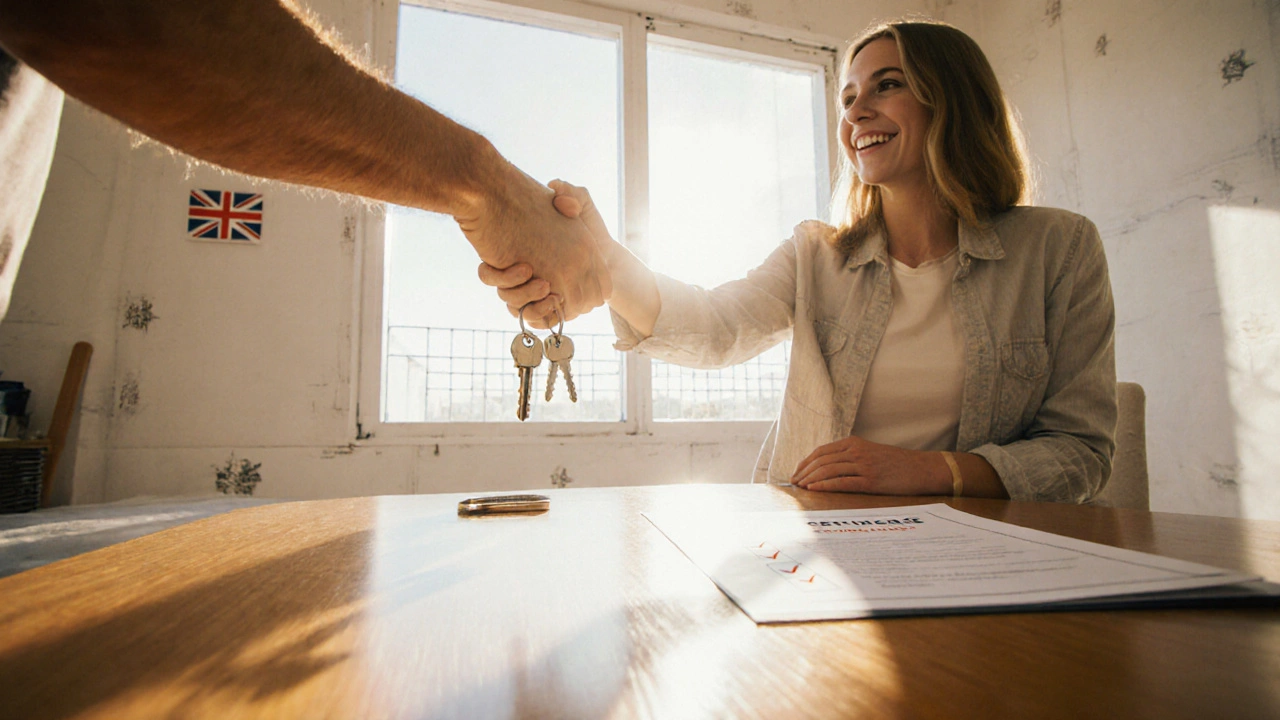 Contractor and homeowner shaking hands, exchanging keys and certificates in a finished home.