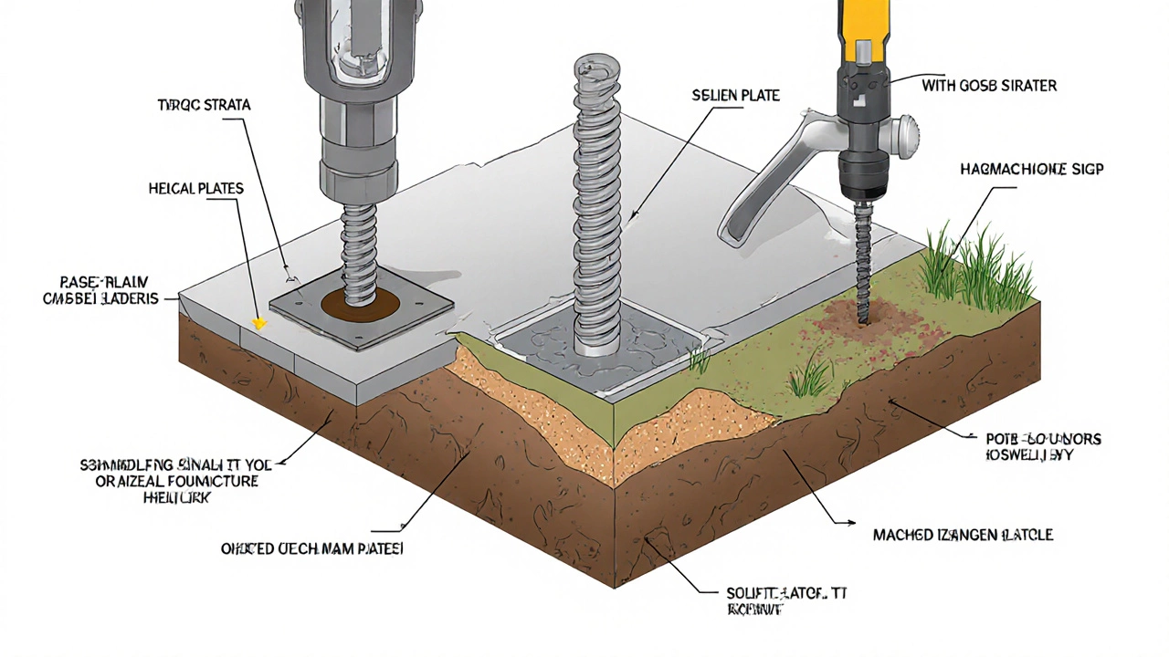 Cross‑section illustration of a helical pier being installed under a house slab.
