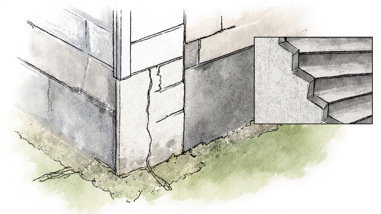 Cross‑section of foundation showing hairline, settlement, and structural cracks with a microscope inset.