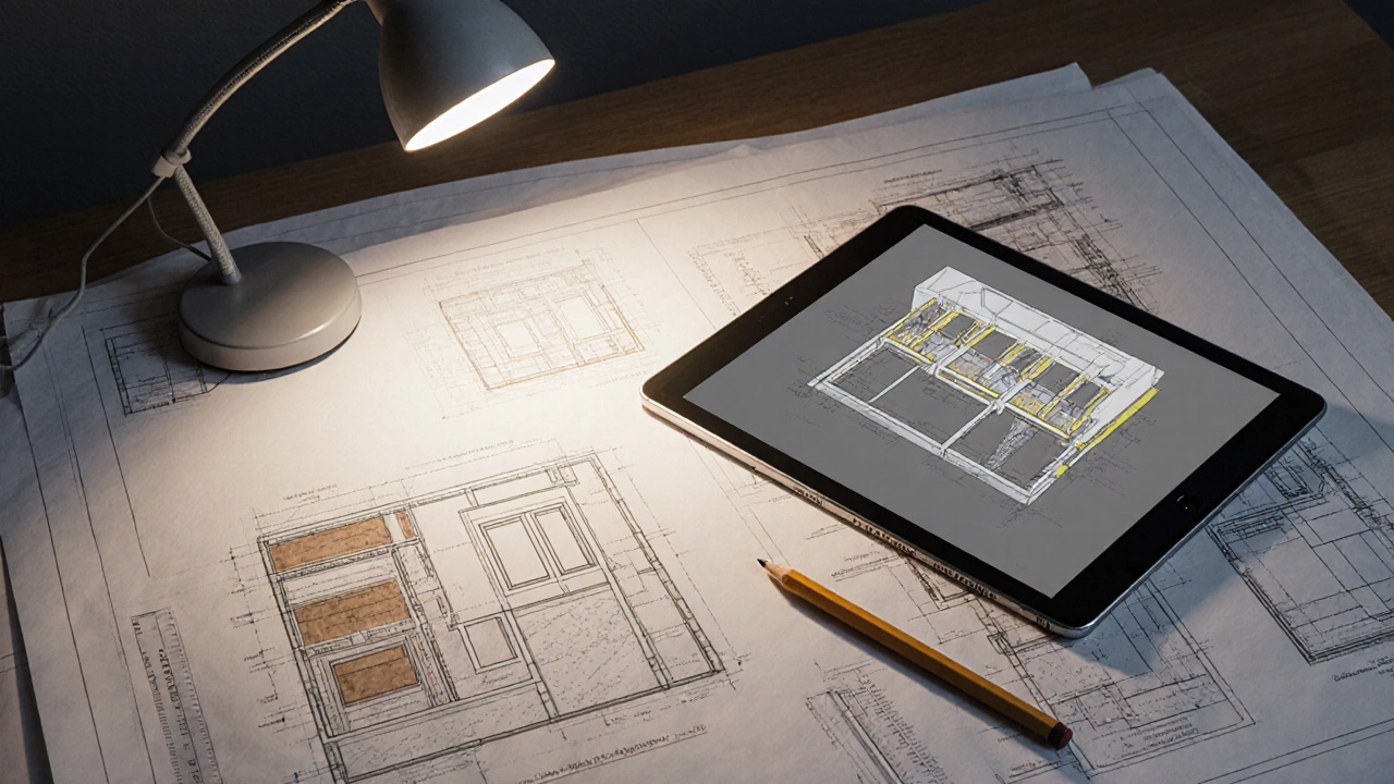 Detailed architectural blueprint with dimensions and wall cross-sections