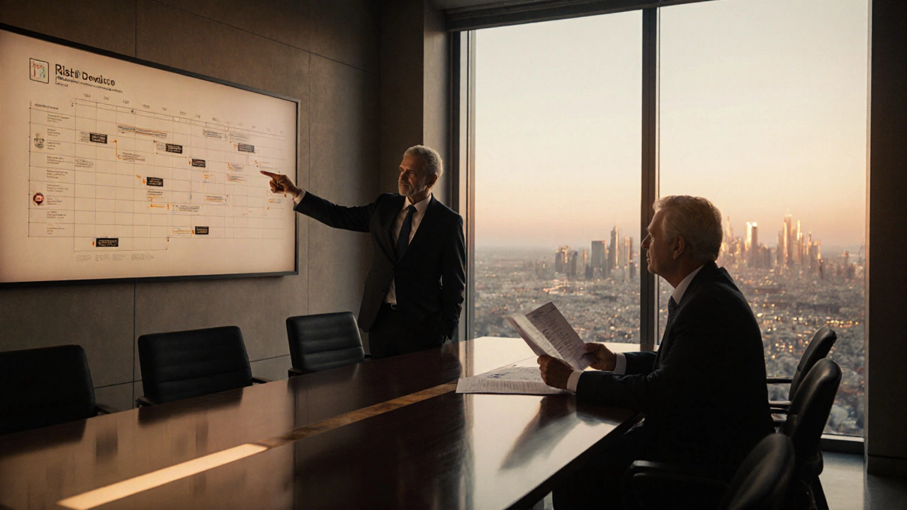 Developer and risk officer reviewing documents in a finished high‑rise lobby with city view at dusk.