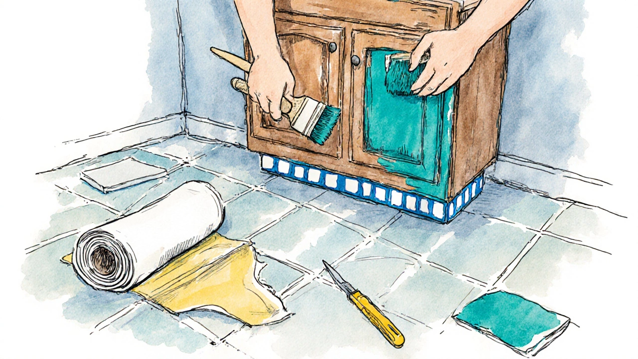 DIY homeowner sanding and painting a vanity while applying peel‑and‑stick tiles and LED lighting.