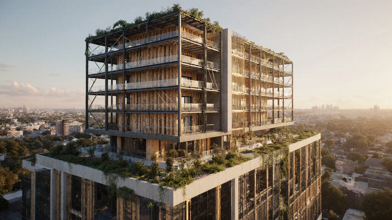 Eco-friendly building featuring engineered timber, steel framework, and geopolymer concrete.