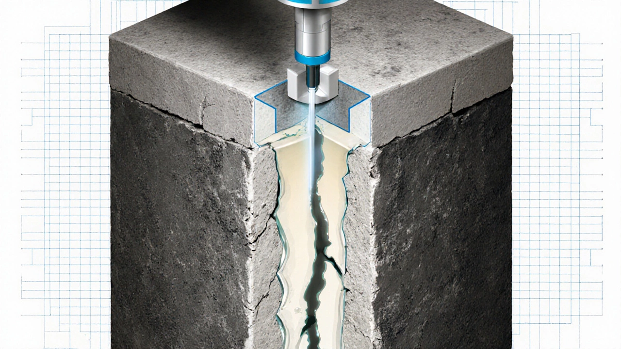 Epoxy being injected into a deep structural crack in a concrete foundation.