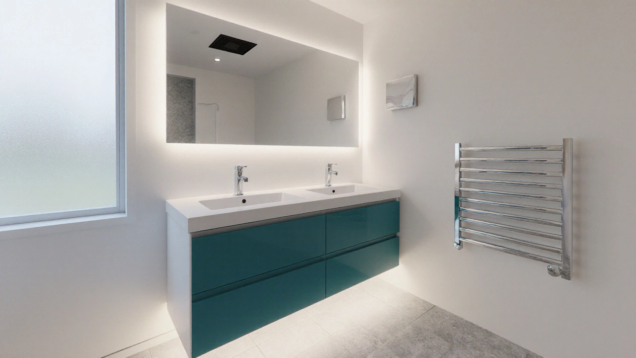 Finished budget bathroom with painted teal vanity, vinyl tile floor, and LED lighting.