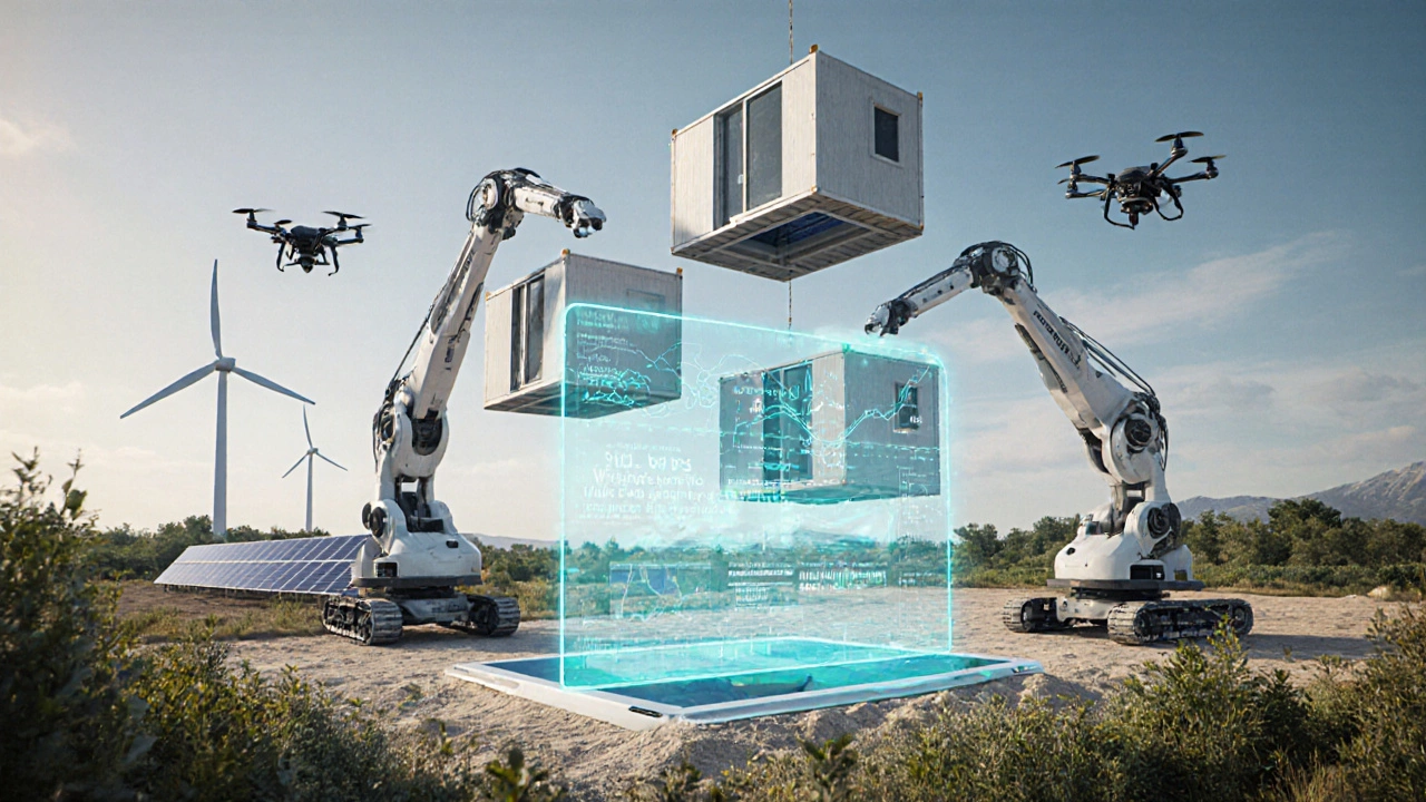 Futuristic construction scene with robots, modular units, green energy, and holographic app.