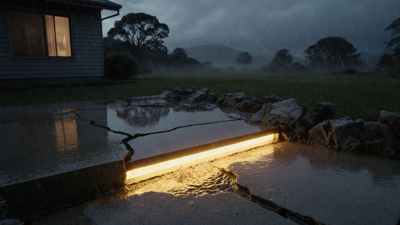 Glowing repair on a foundation with water draining away, symbolizing lasting durability.