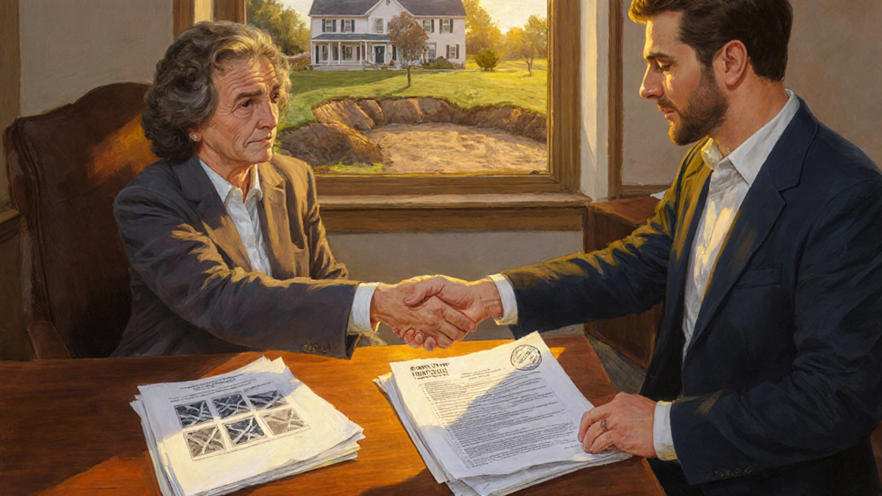 Homeowner and insurance adjuster review documents beside a repaired foundation in golden light.