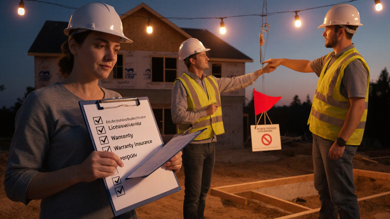 Homeowner checks a clipboard on a construction site as builder points to foundation.