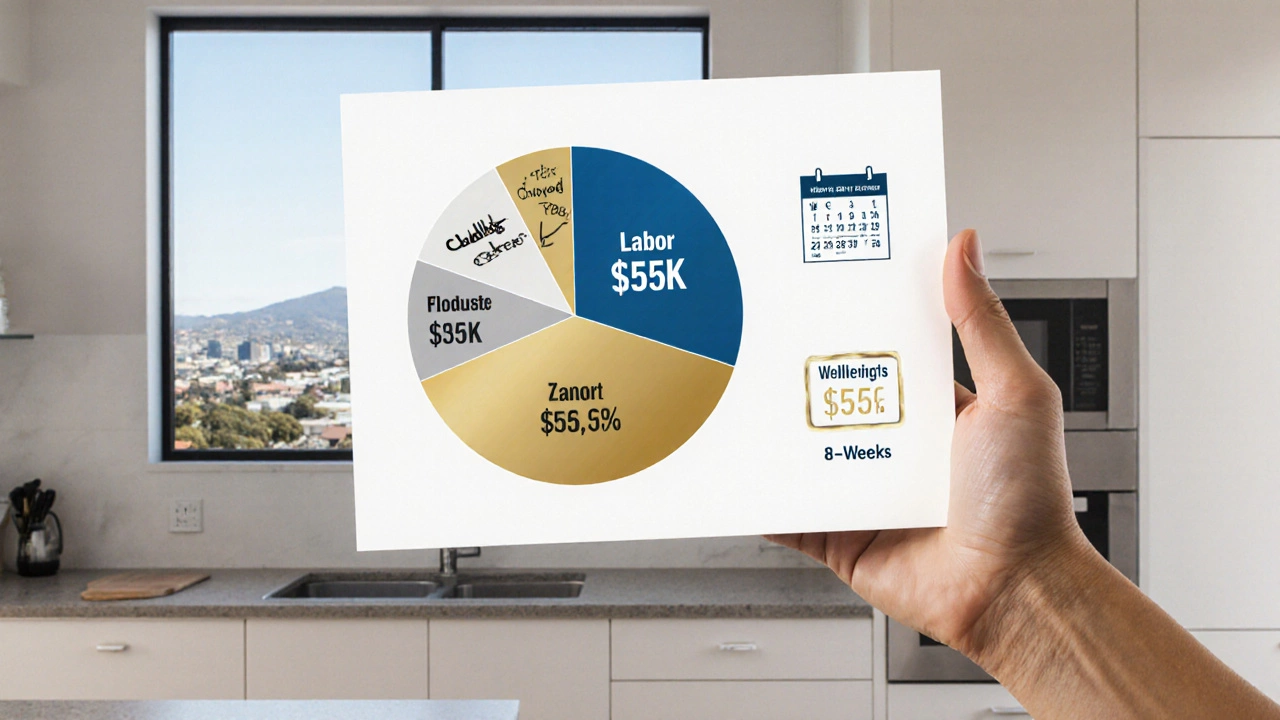 Homeowner holding a budget pie chart made of kitchen components, floating above a modern kitchen with Wellington view.