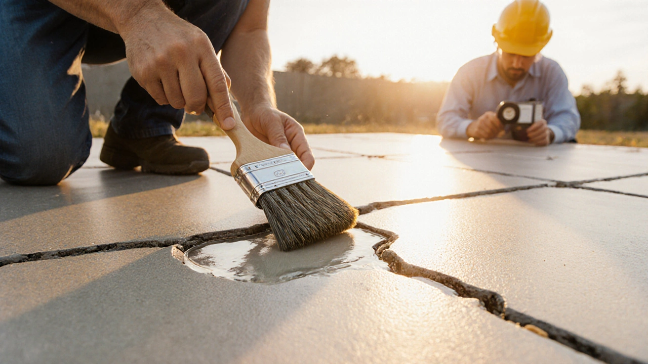 Homeowner repairing a foundation crack while a engineer inspects another area.