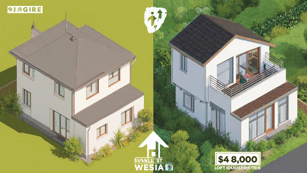 Isometric before‑and‑after of a home loft conversion showing added space and ROI arrow.
