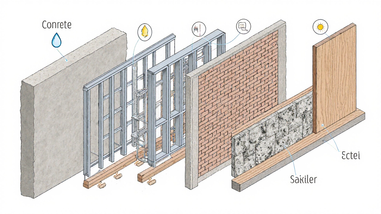 Isometric site illustration showing concrete, steel frame, brick, stone, and engineered wood sections side by side.