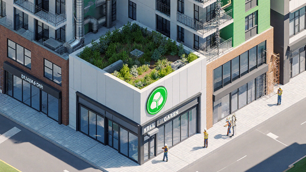 Isometric view of a mixed‑use development with retail, office, apartments, and green rooftops.