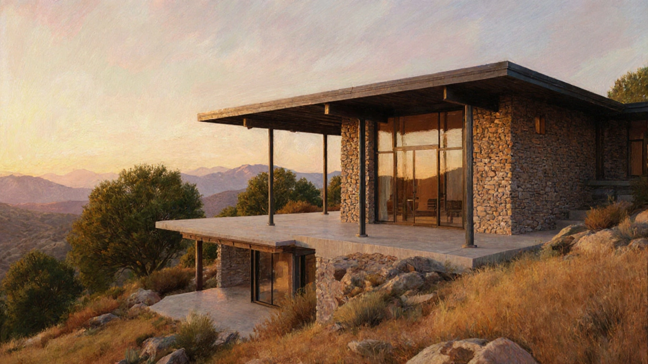 Oil painted cottage with stone veneer, visible steel beams, and concrete patio under golden sunset.