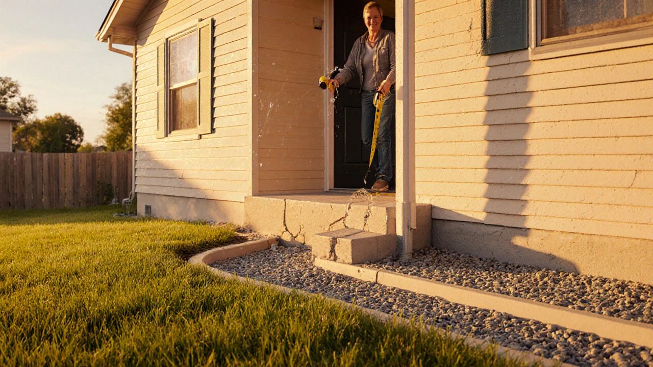 Repaired house with proper drainage, open door, and happy homeowner.