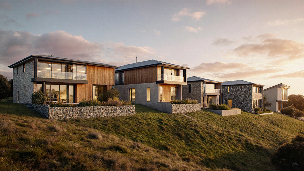 Row of five homes showing sleek glass, timber eco, modular, stone, and luxury designs.
