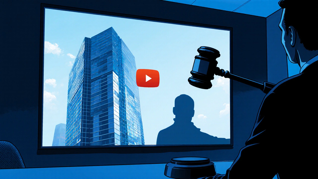 Scene showing a promotional video with a gavel looming, indicating a legal licensing dispute.