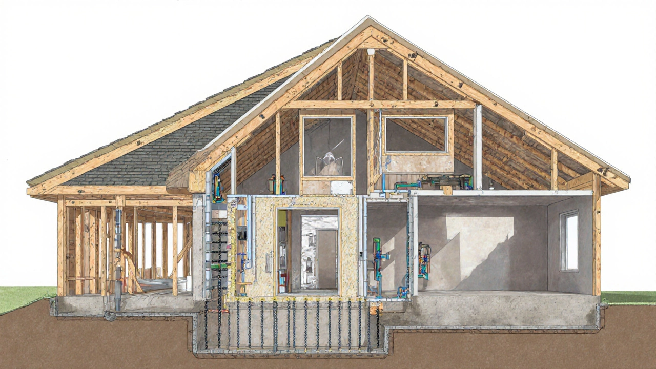 Sectional illustration showing foundation, framing, roof, and interior finishes of a home under construction.