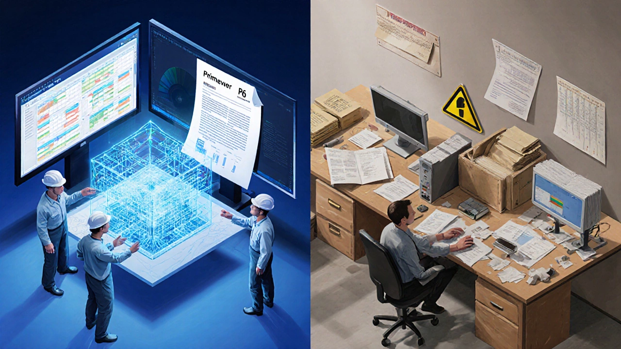 Split illustration showing organized high‑tech Tier 1 workspace versus cluttered Tier 2 office.