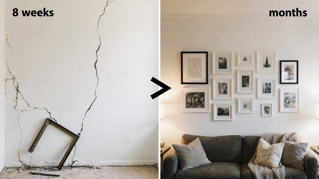 Split image: damaged wall vs. perfect gallery wall, illustrating the impact of waiting to decorate.