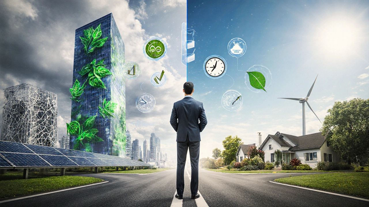 Surreal image of a developer at a crossroads between a skyscraper and a house.