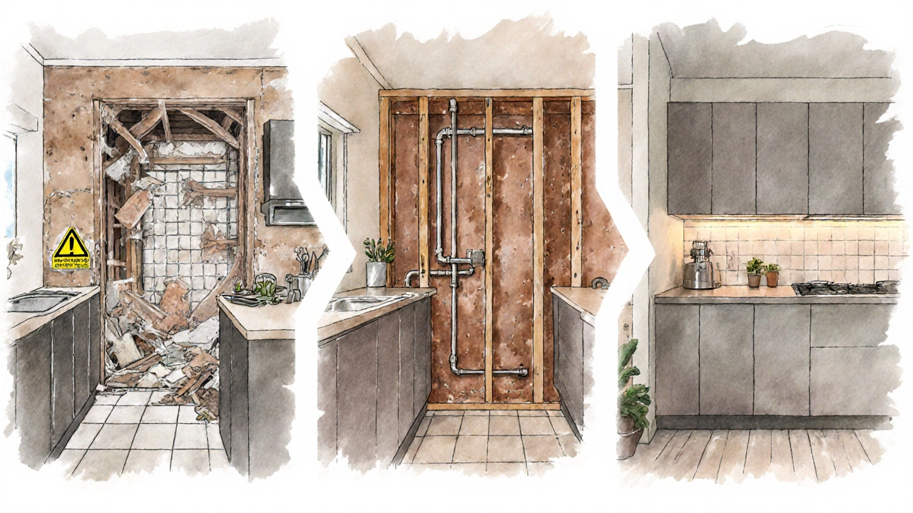 Three-phase artistic depiction of a kitchen renovation: demolition, construction, and finished result with warm lighting.