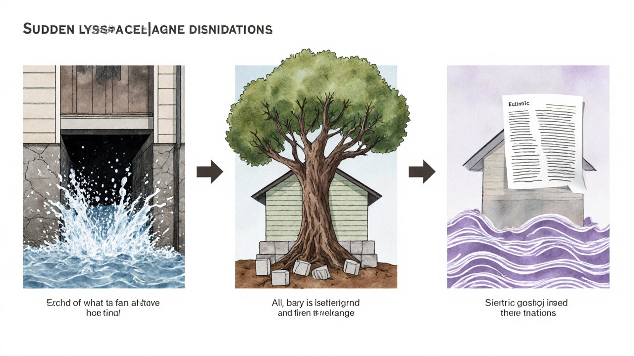 Three scenes show water burst, fallen tree, and seismic waves damaging a house foundation.