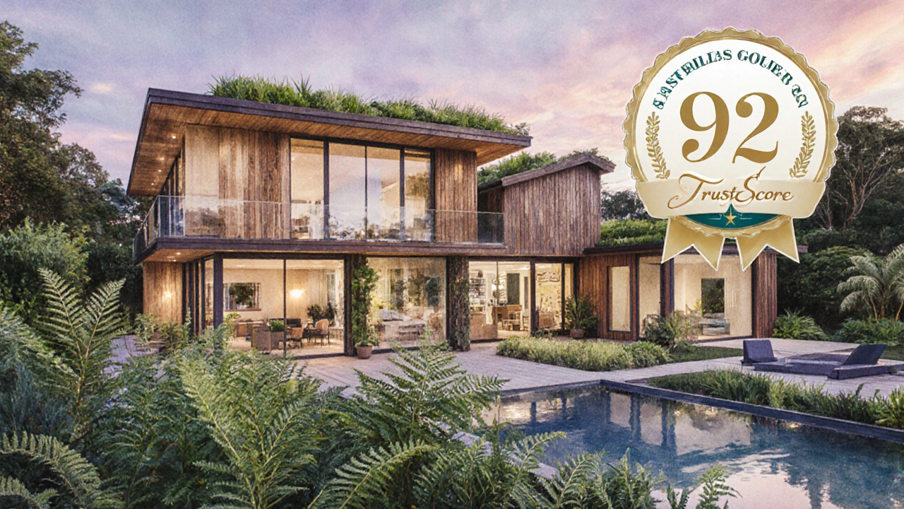 Watercolor eco‑villa with a TrustScore badge and native garden in Wellington.