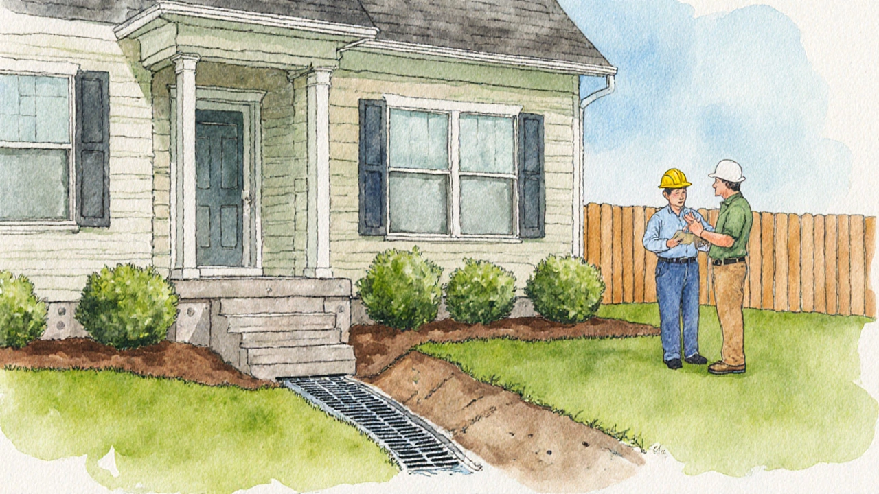Watercolor of a house with proper grading, gutters, and a French drain preventing cracks.