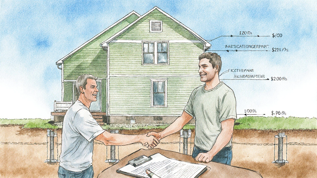 Watercolor scene of a stable house with reinforced foundation and homeowner shaking hands with contractor.