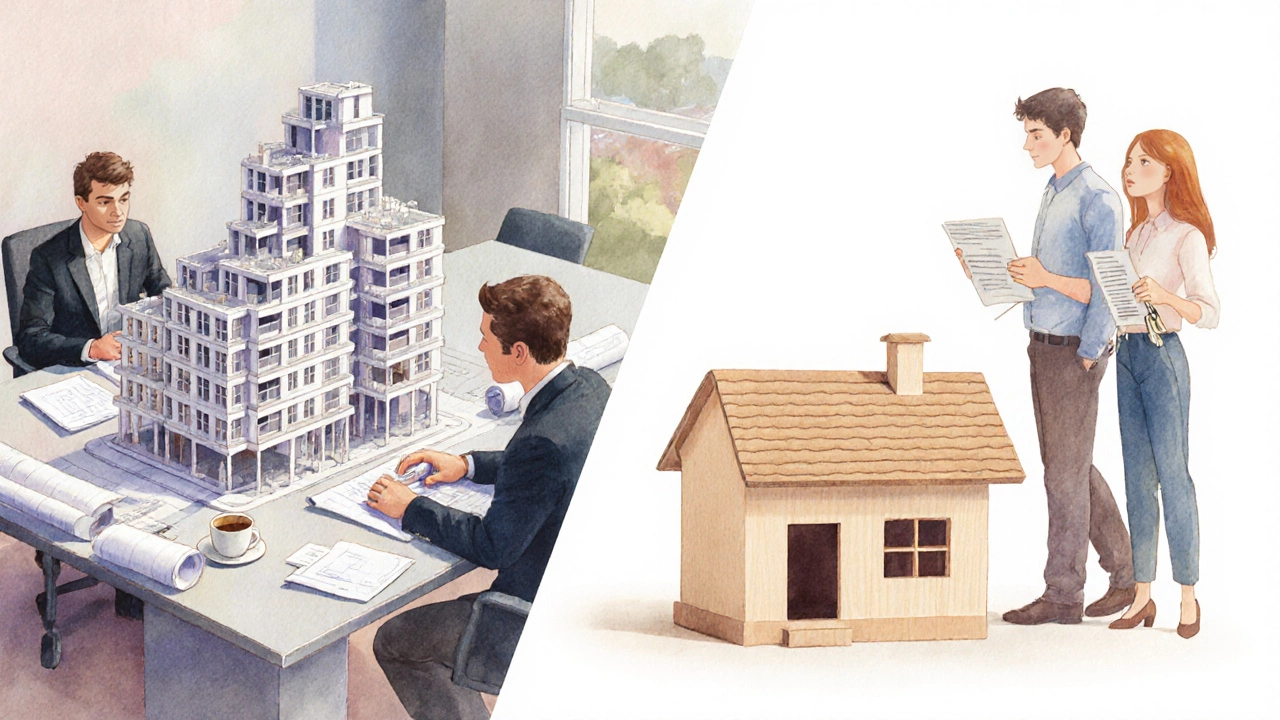 Watercolor scene of an office building model with investors and a house model with a couple.