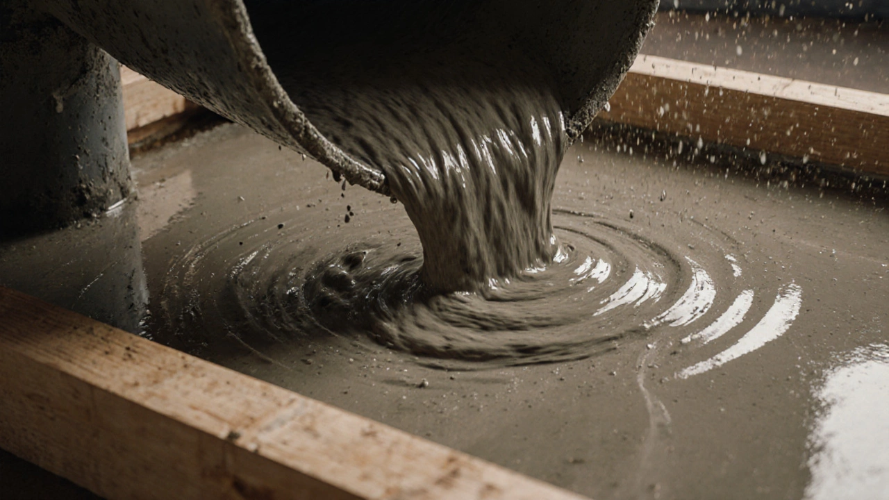 Wet concrete being poured from a mixer, showing cement, sand, and gravel blending.