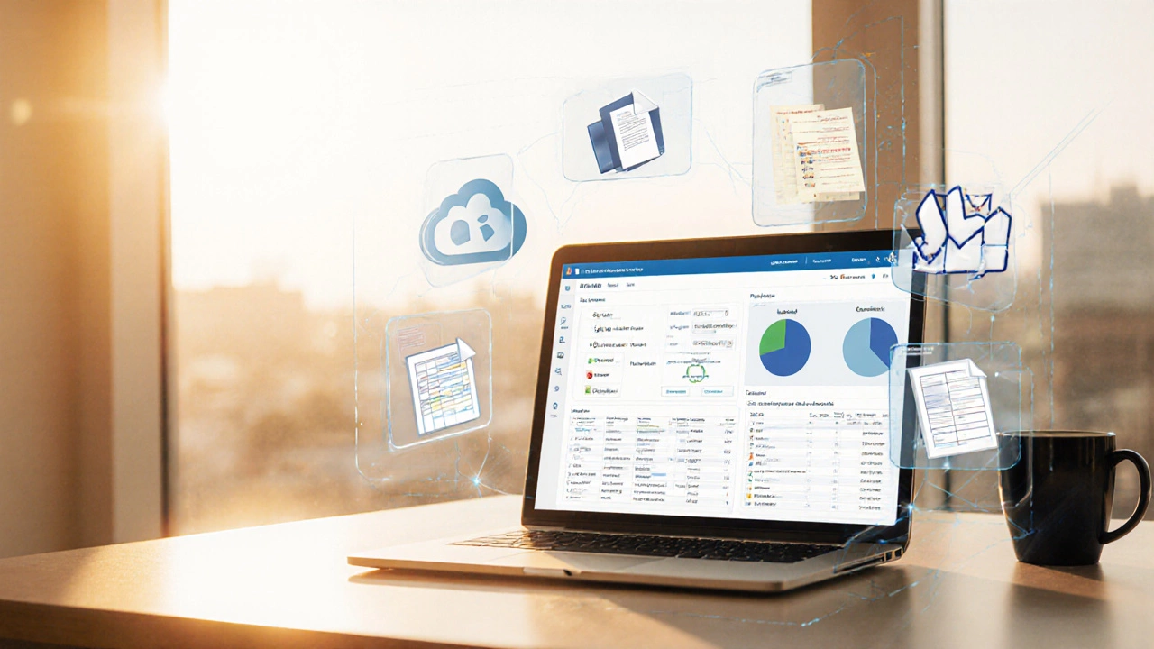 Workspace with digital dashboard and floating icons representing license tracking and compliance.