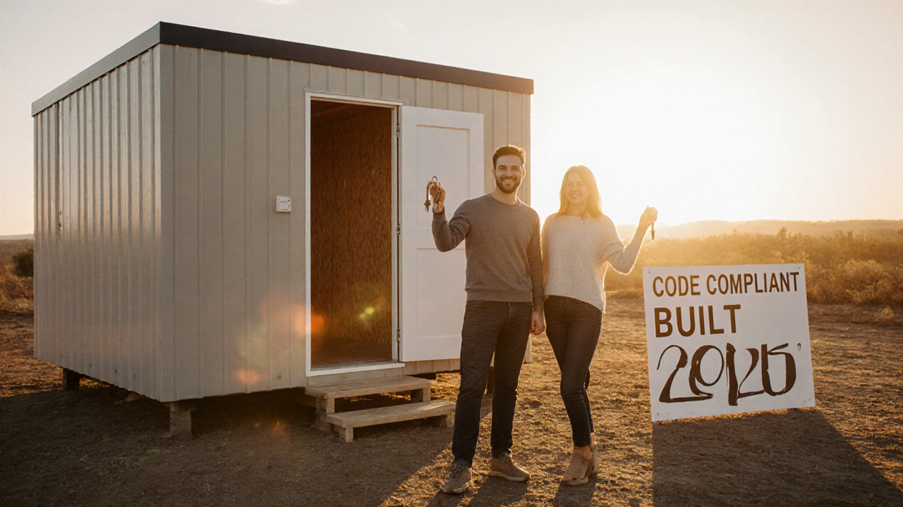 A couple holding keys outside their new prefab home at sunset.