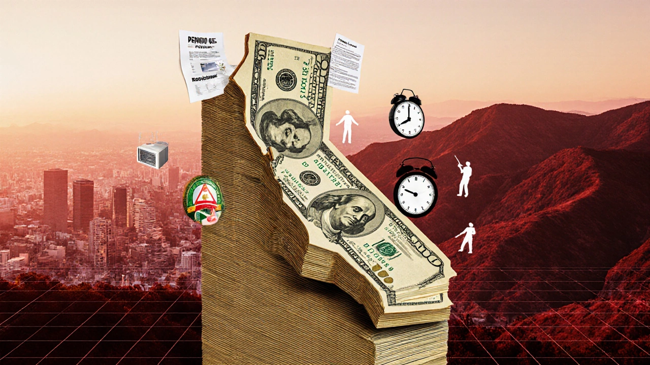 A house-shaped stack of dollar bills surrounded by icons of permits, delays, and construction materials against a coastal backdrop.