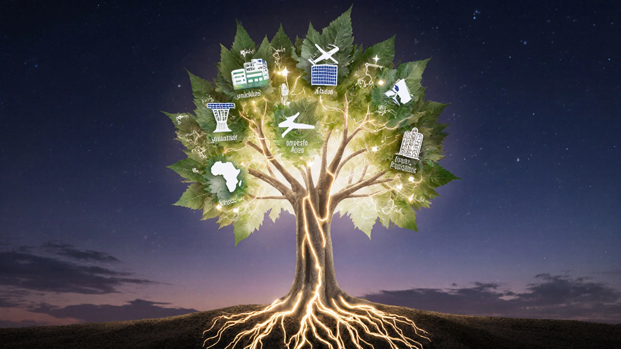 A symbolic tree with infrastructure roots and sustainable energy leaves grows across continents in a twilight landscape.