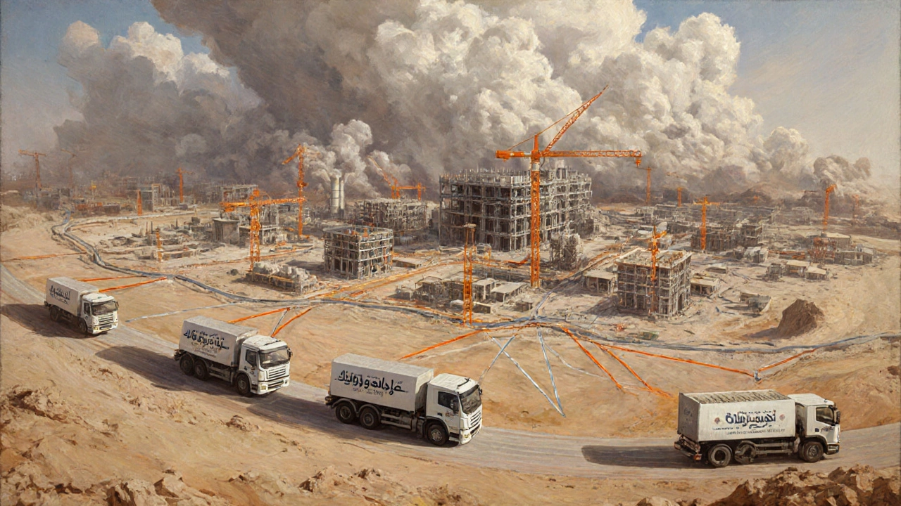 An intricate network of factories and transport routes forms a map beneath a massive Middle Eastern construction site.