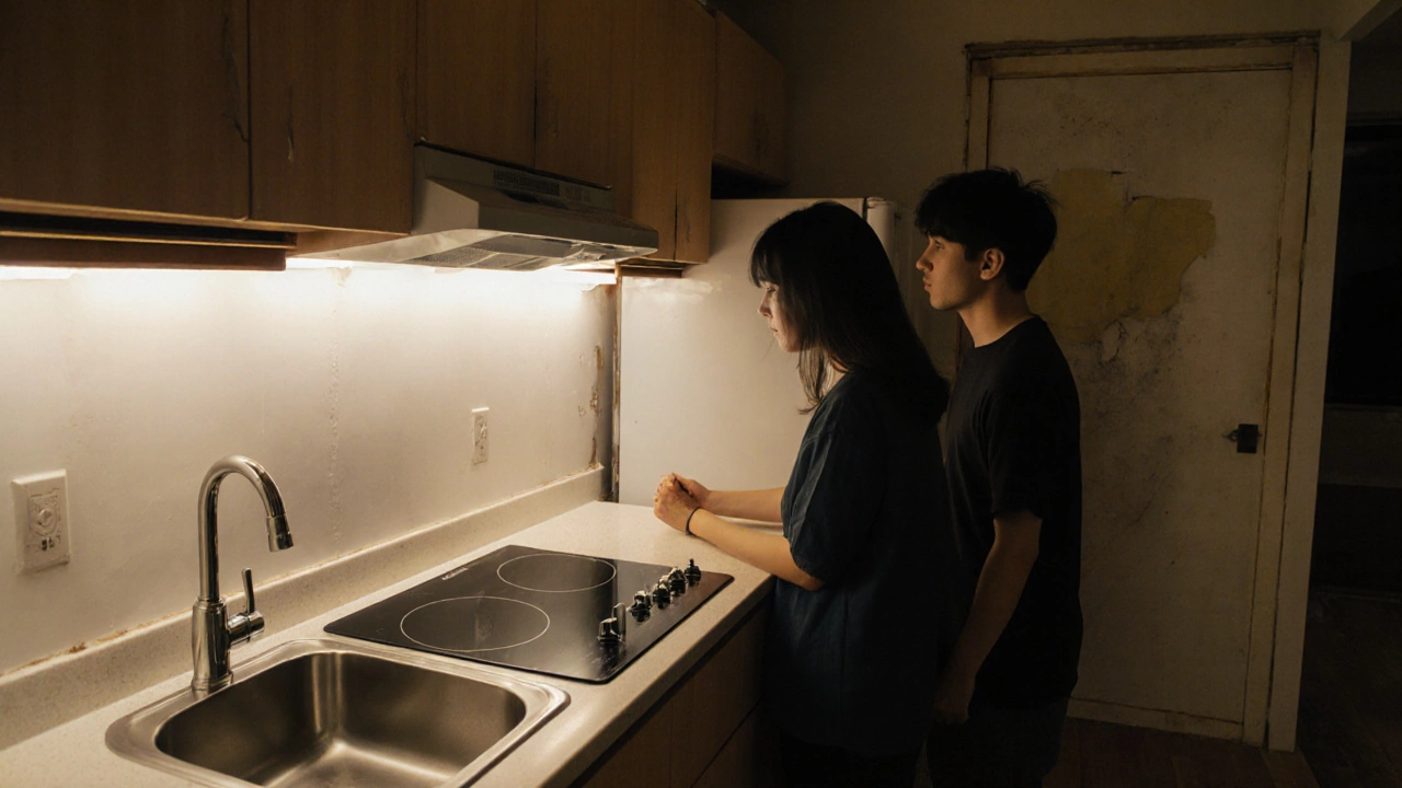Couple installing refurbished appliances in a kitchen with stainless steel sink and LED lighting.