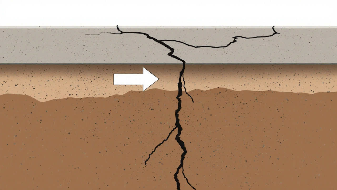 Cross-section of clay soil swelling and shrinking around a foundation, showing how moisture changes cause structural stress.