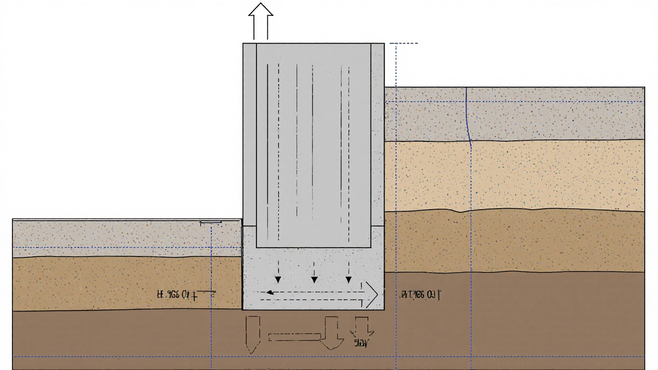 Cross-section of retaining wall with footing, illustrating soil pressure and load distribution.